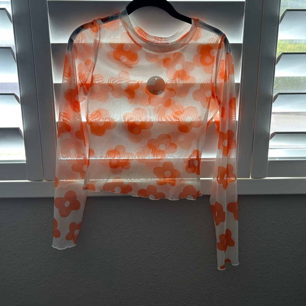 Floral Mesh Long Sleeve Top - Orange